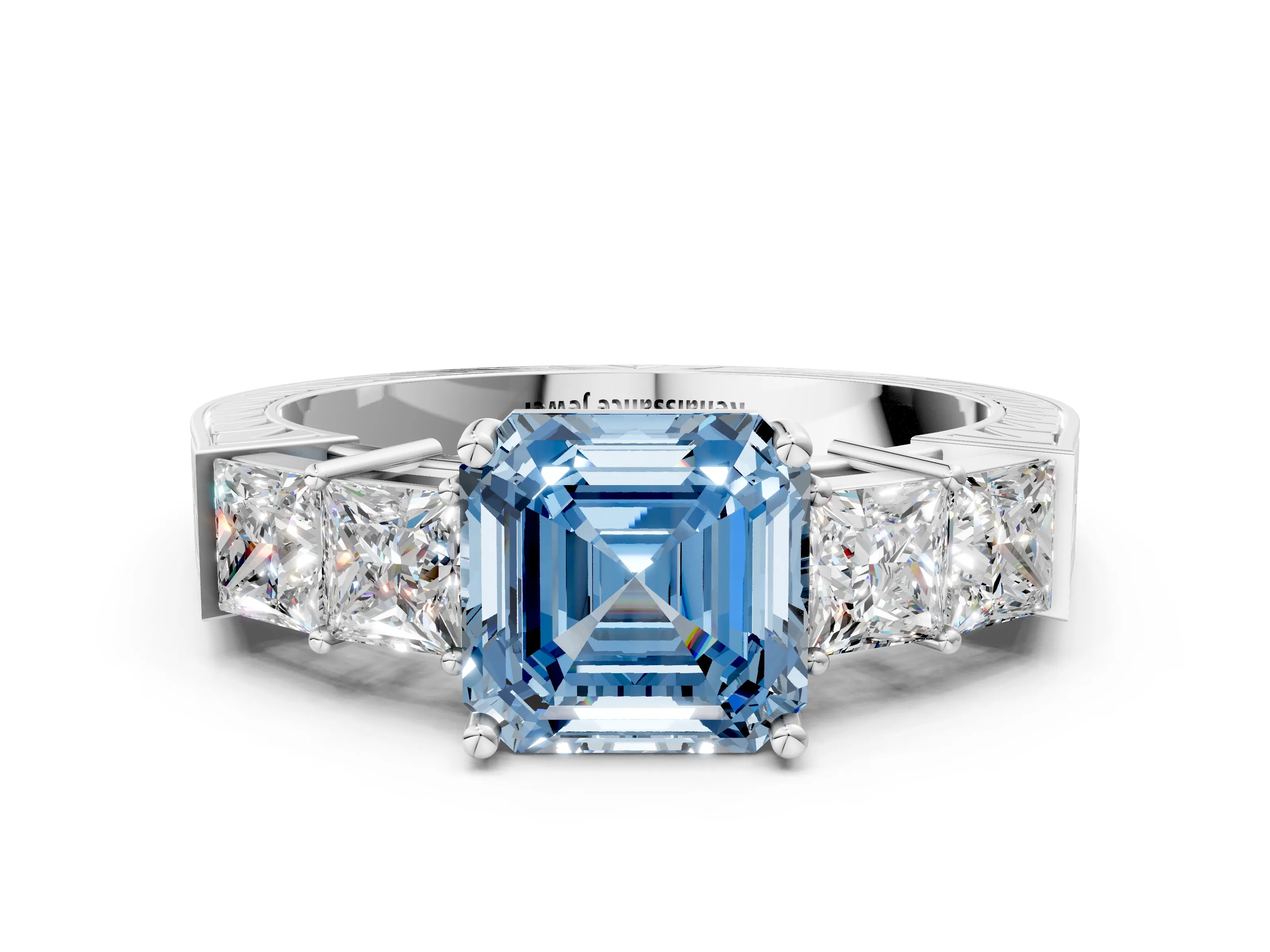 White gold Fancy Blue Asscher Cut Solitaire Princess Side Stone Engraved Band Prong Setting Ring