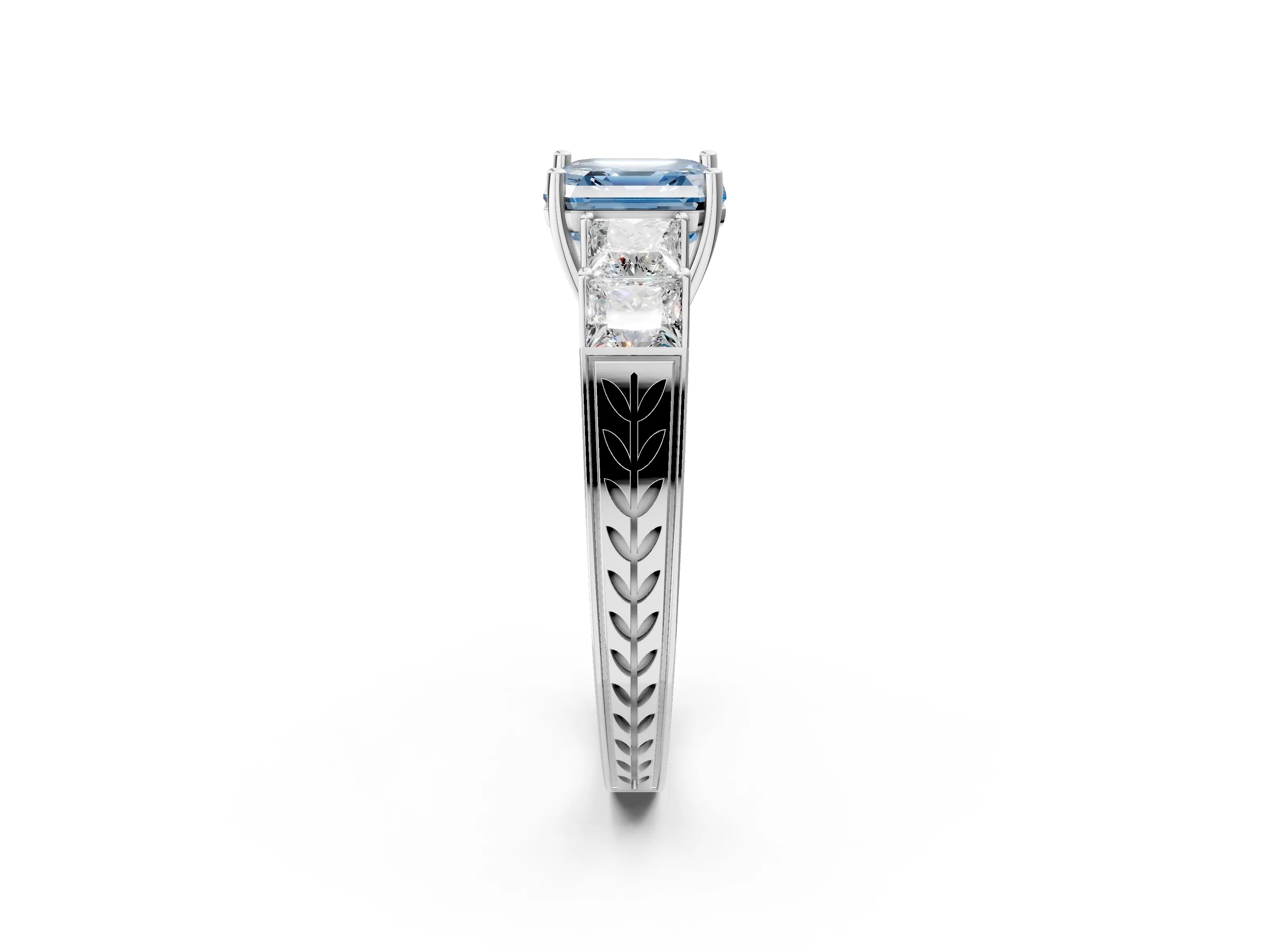 White gold Fancy Blue Asscher Cut Solitaire Princess Side Stone Engraved Band Prong Setting Ring_26