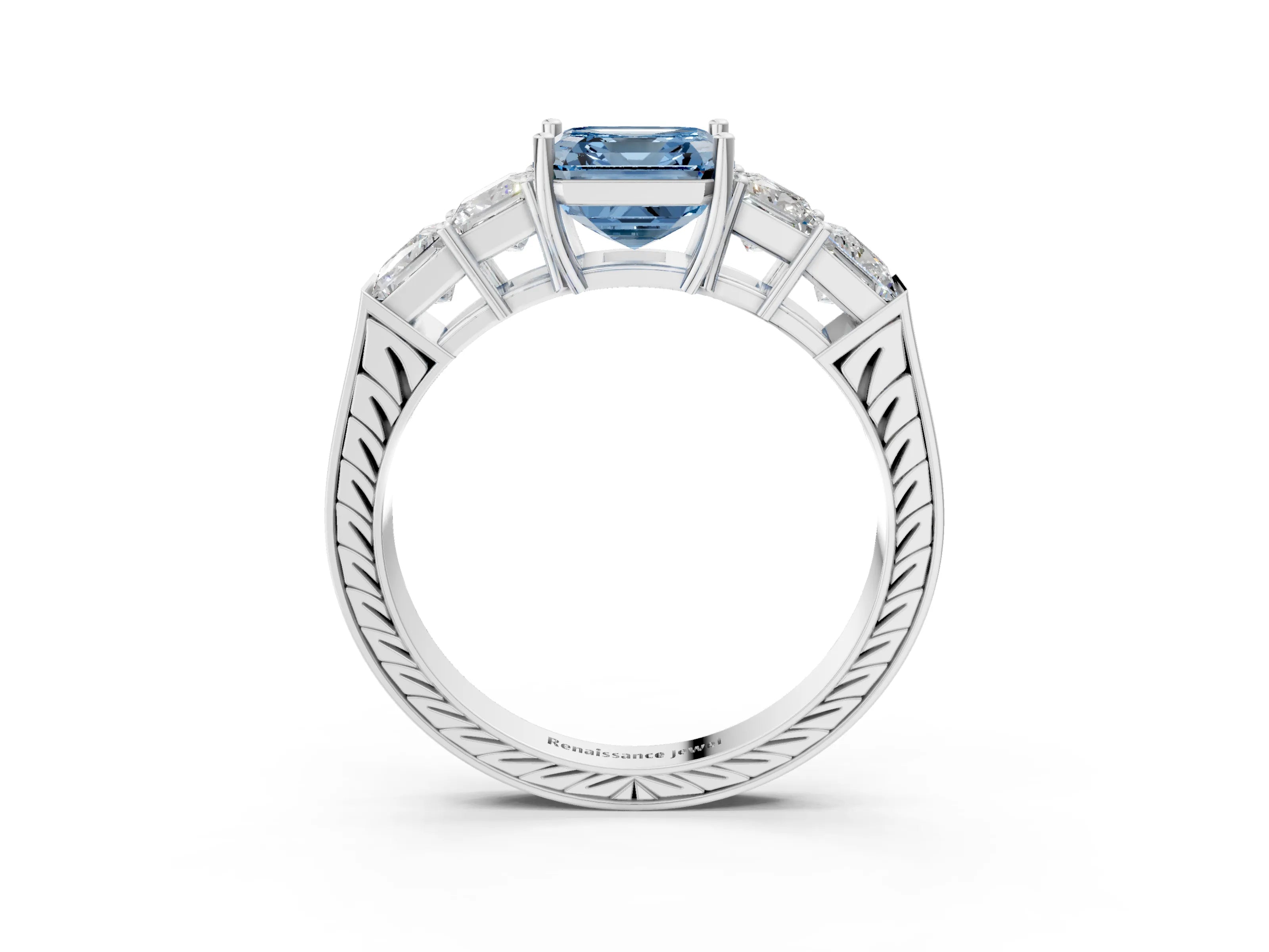 White gold Fancy Blue Asscher Cut Solitaire Princess Side Stone Engraved Band Prong Setting Ring_27