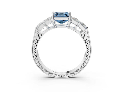White gold Fancy Blue Asscher Cut Solitaire Princess Side Stone Engraved Band Prong Setting Ring_27
