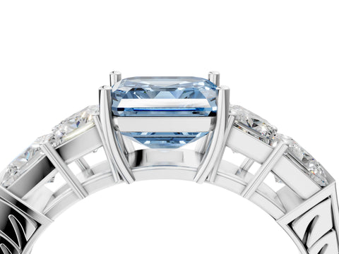 White gold Fancy Blue Asscher Cut Solitaire Princess Side Stone Engraved Band Prong Setting Ring_28