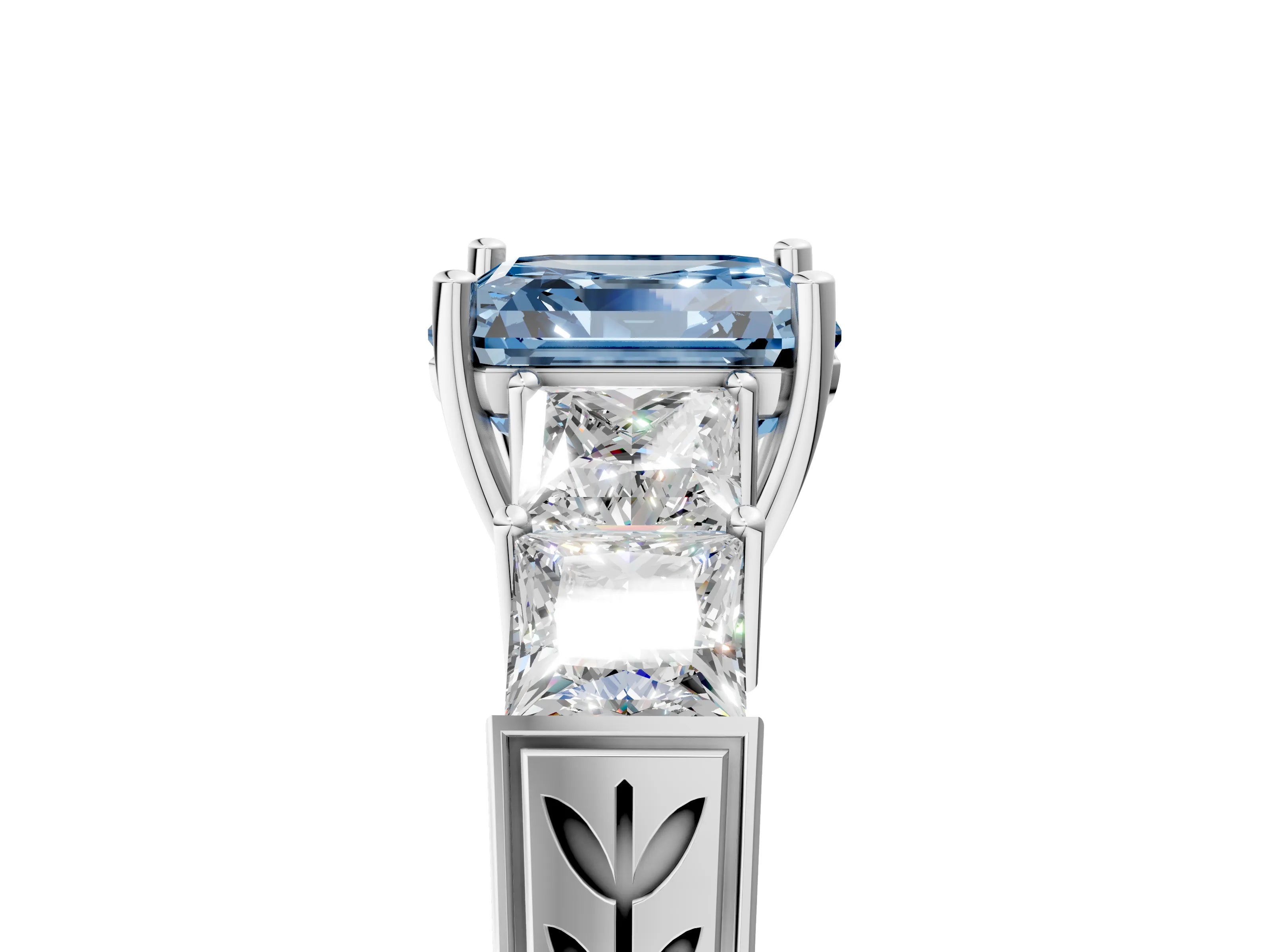 White gold Fancy Blue Asscher Cut Solitaire Princess Side Stone Engraved Band Prong Setting Ring_29