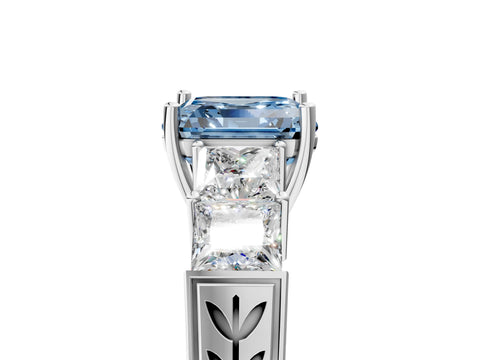 White gold Fancy Blue Asscher Cut Solitaire Princess Side Stone Engraved Band Prong Setting Ring_29