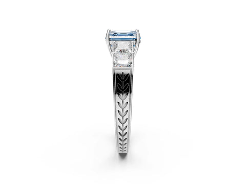 White gold Fancy Blue Asscher Cut Solitaire Princess Side Stone Engraved Band Prong Setting Ring_2