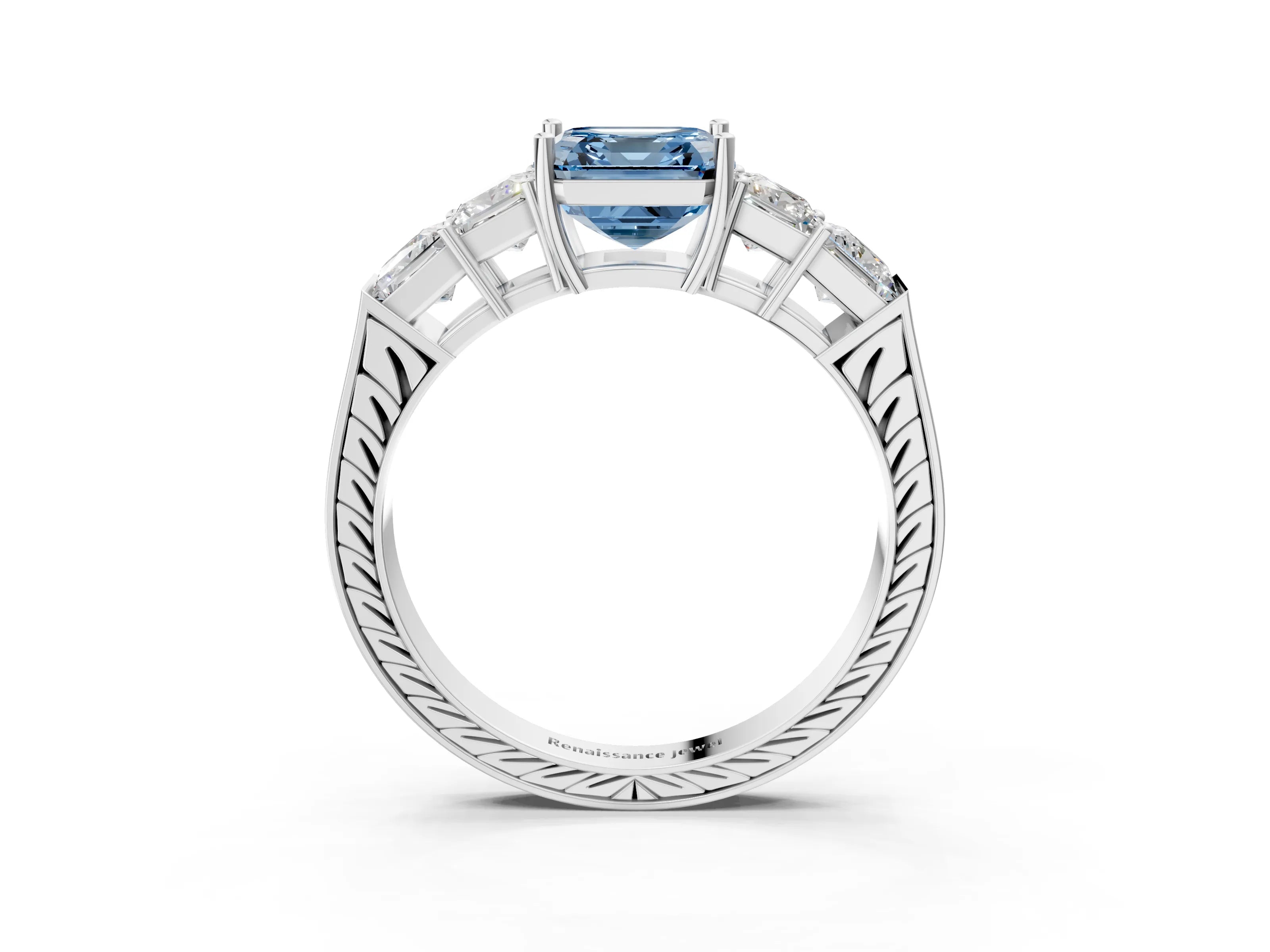 White gold Fancy Blue Asscher Cut Solitaire Princess Side Stone Engraved Band Prong Setting Ring_3