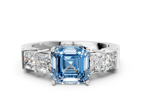 White gold Fancy Blue Asscher Cut Solitaire Princess Side Stone Engraved Band Prong Setting Ring_33
