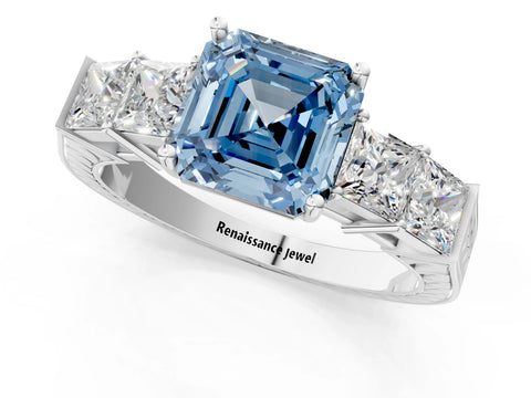 White gold Fancy Blue Asscher Cut Solitaire Princess Side Stone Engraved Band Prong Setting Ring_34