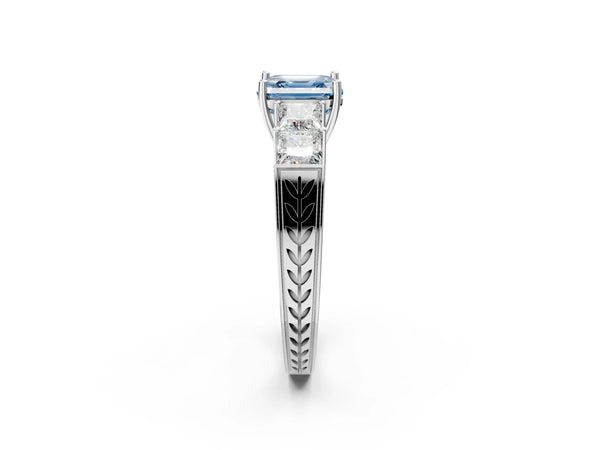 White gold Fancy Blue Asscher Cut Solitaire Princess Side Stone Engraved Band Prong Setting Ring