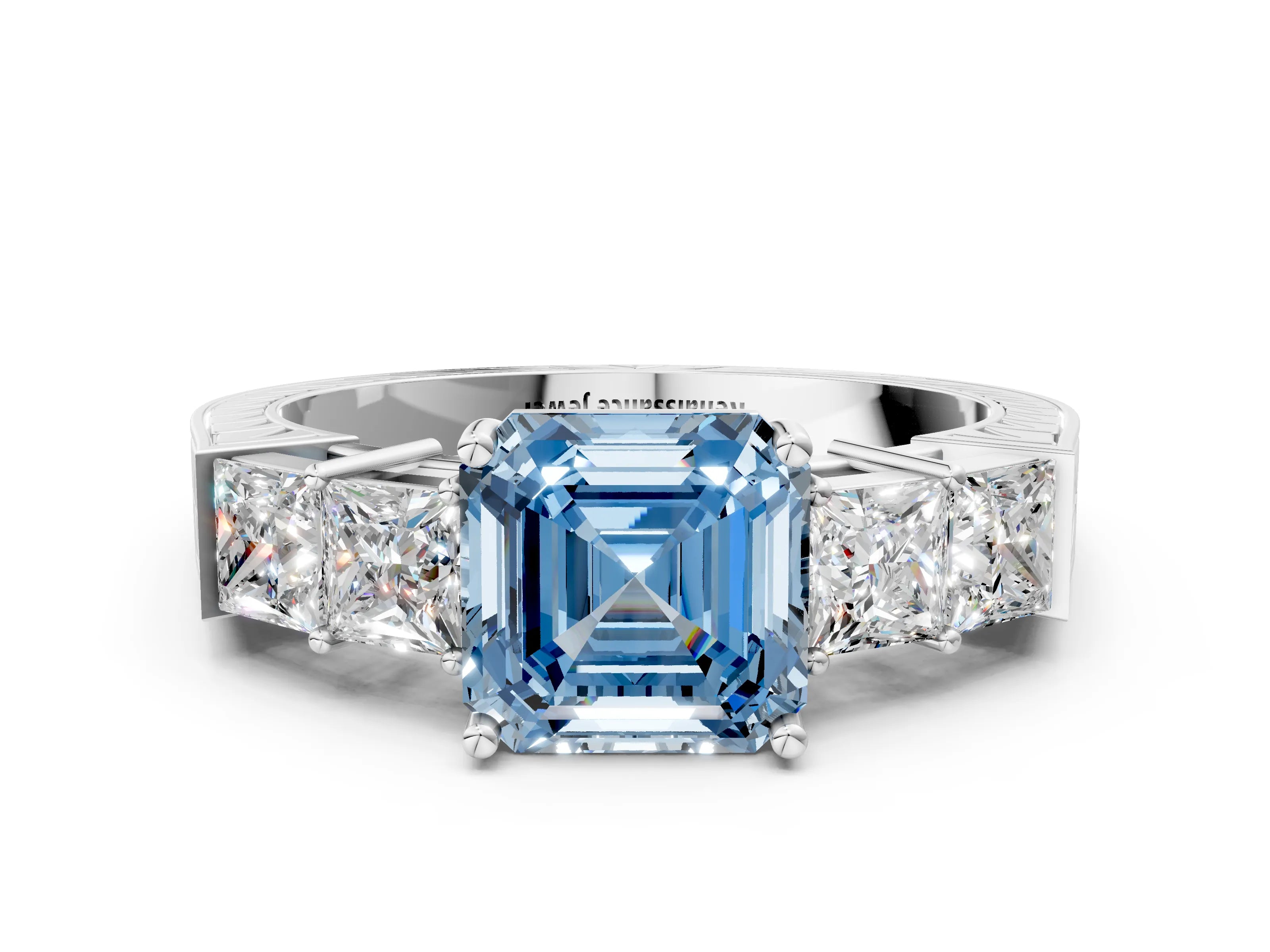 White gold Fancy Blue Asscher Cut Solitaire Princess Side Stone Engraved Band Prong Setting Ring_36