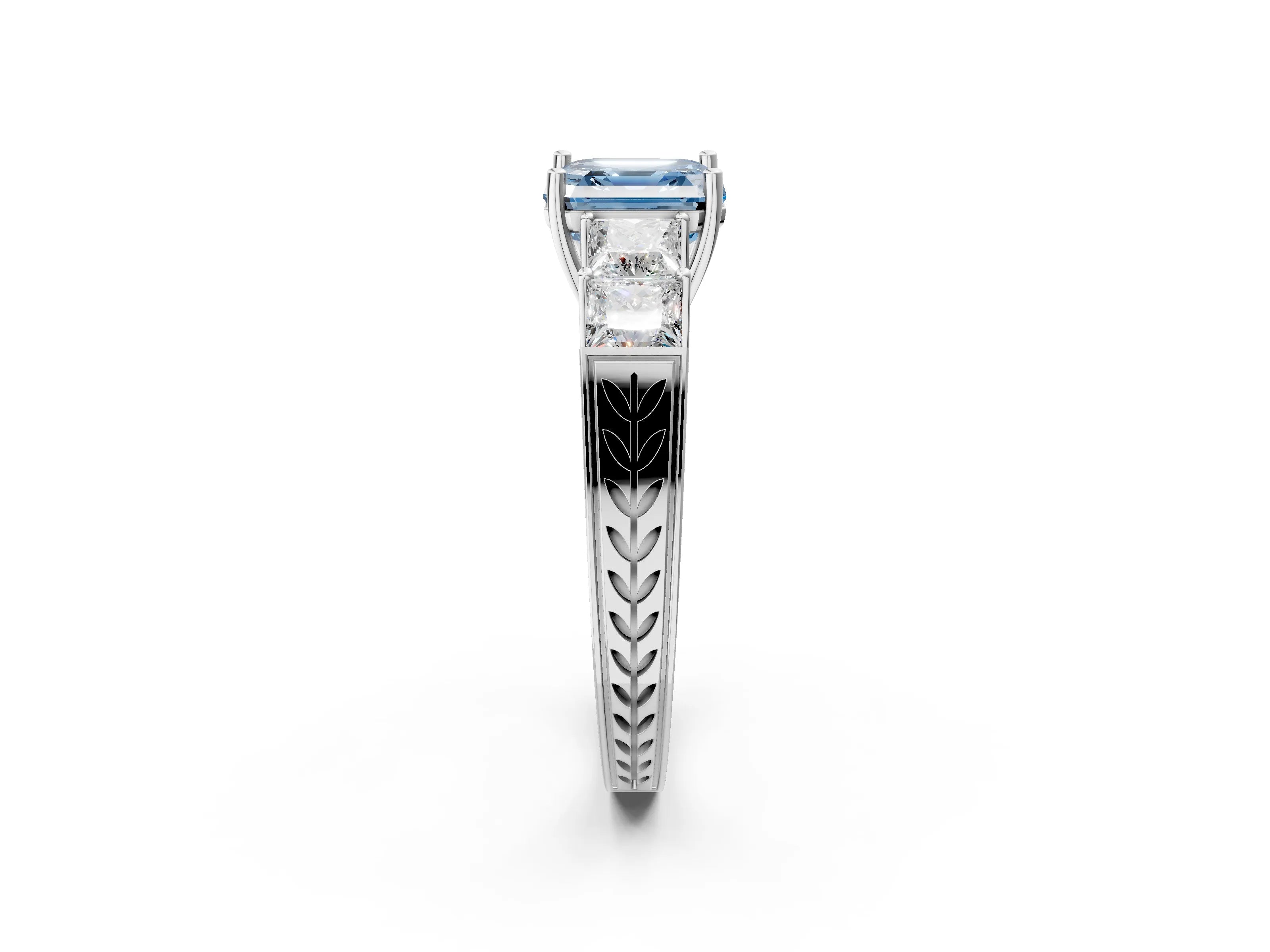 White gold Fancy Blue Asscher Cut Solitaire Princess Side Stone Engraved Band Prong Setting Ring_38