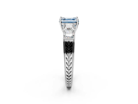 White gold Fancy Blue Asscher Cut Solitaire Princess Side Stone Engraved Band Prong Setting Ring_38