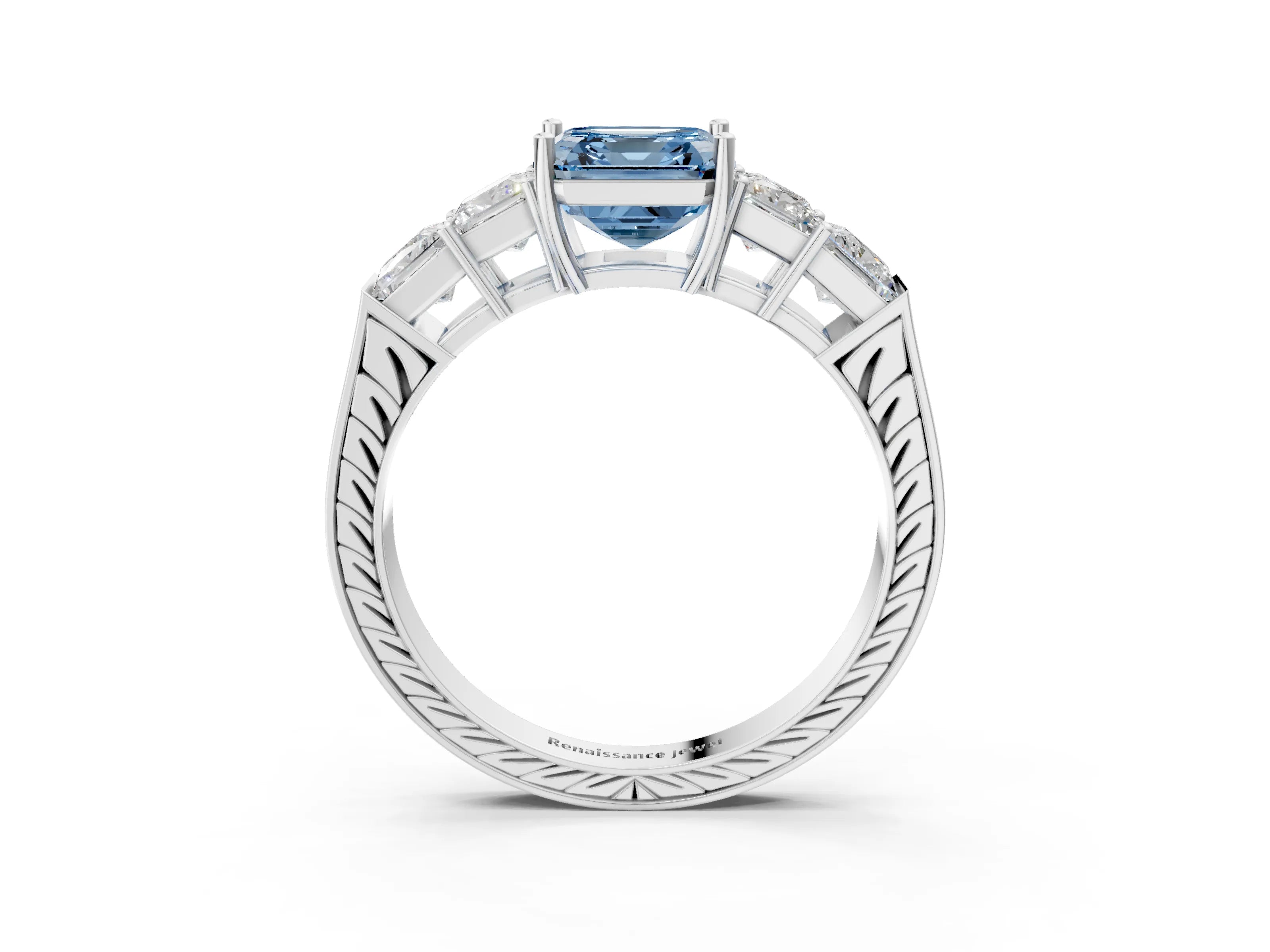 White gold Fancy Blue Asscher Cut Solitaire Princess Side Stone Engraved Band Prong Setting Ring_39