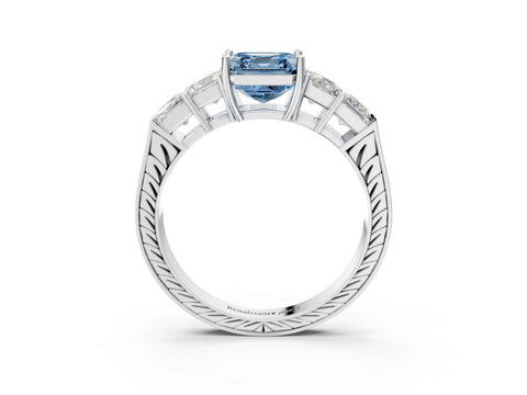 White gold Fancy Blue Asscher Cut Solitaire Princess Side Stone Engraved Band Prong Setting Ring_39