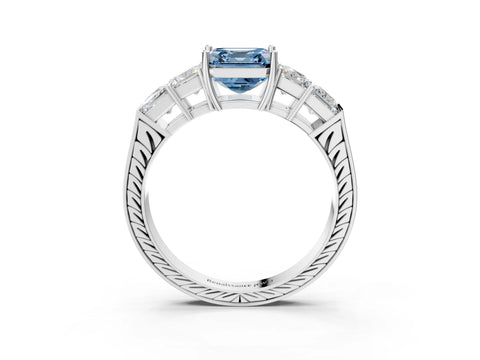 White gold Fancy Blue Asscher Cut Solitaire Princess Side Stone Engraved Band Prong Setting Ring_3