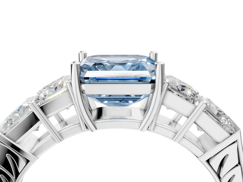 White gold Fancy Blue Asscher Cut Solitaire Princess Side Stone Engraved Band Prong Setting Ring_40