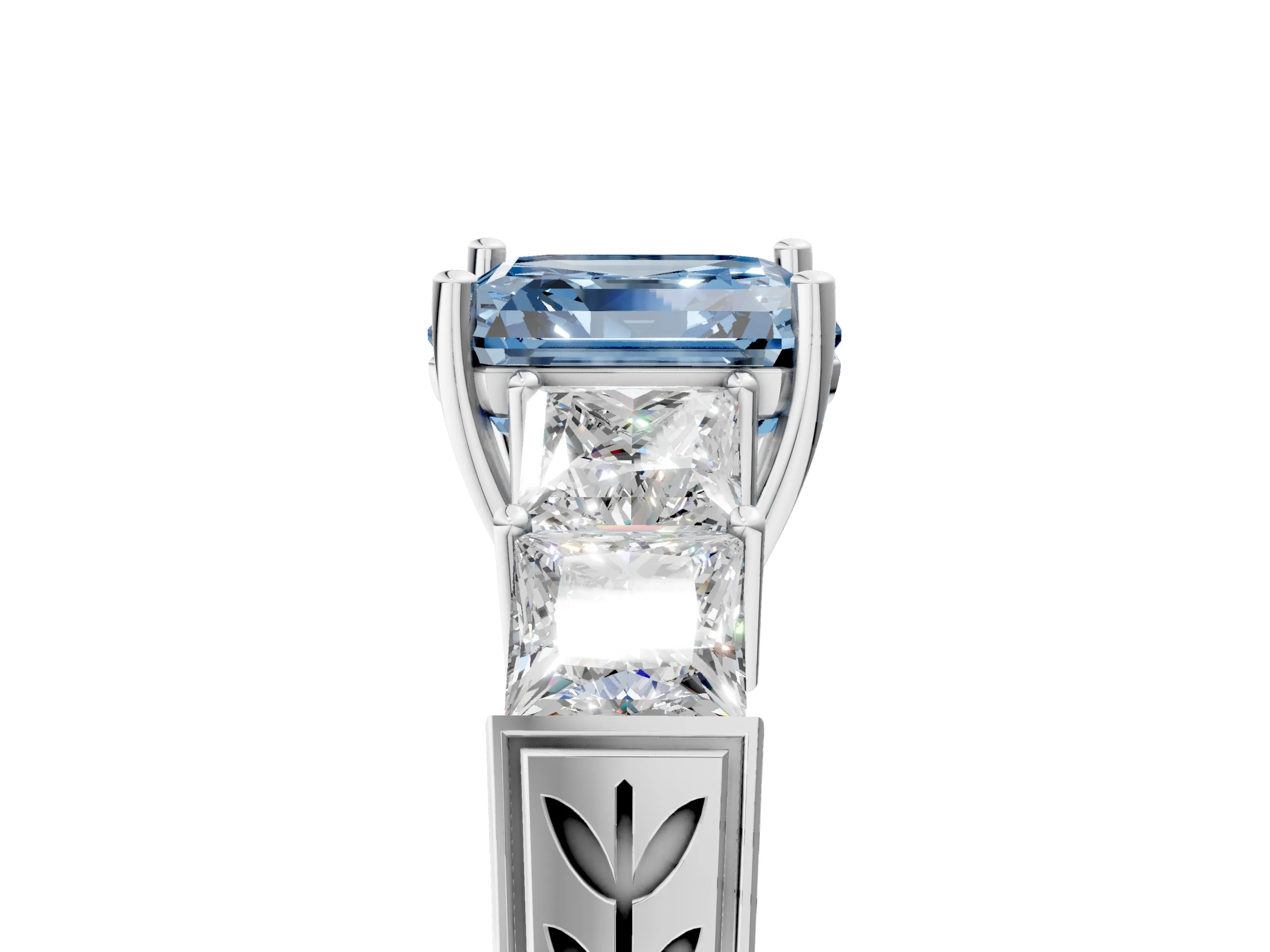 White gold Fancy Blue Asscher Cut Solitaire Princess Side Stone Engraved Band Prong Setting Ring_41