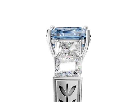 White gold Fancy Blue Asscher Cut Solitaire Princess Side Stone Engraved Band Prong Setting Ring_41
