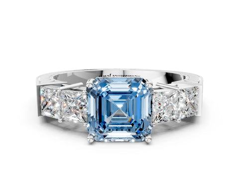White gold Fancy Blue Asscher Cut Solitaire Princess Side Stone Engraved Band Prong Setting Ring
