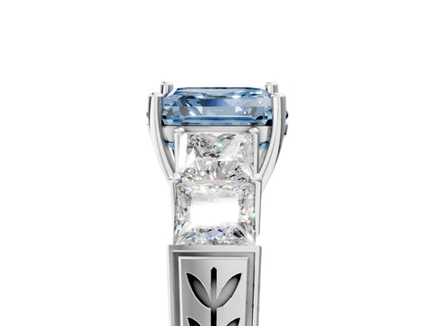 White gold Fancy Blue Asscher Cut Solitaire Princess Side Stone Engraved Band Prong Setting Ring_5