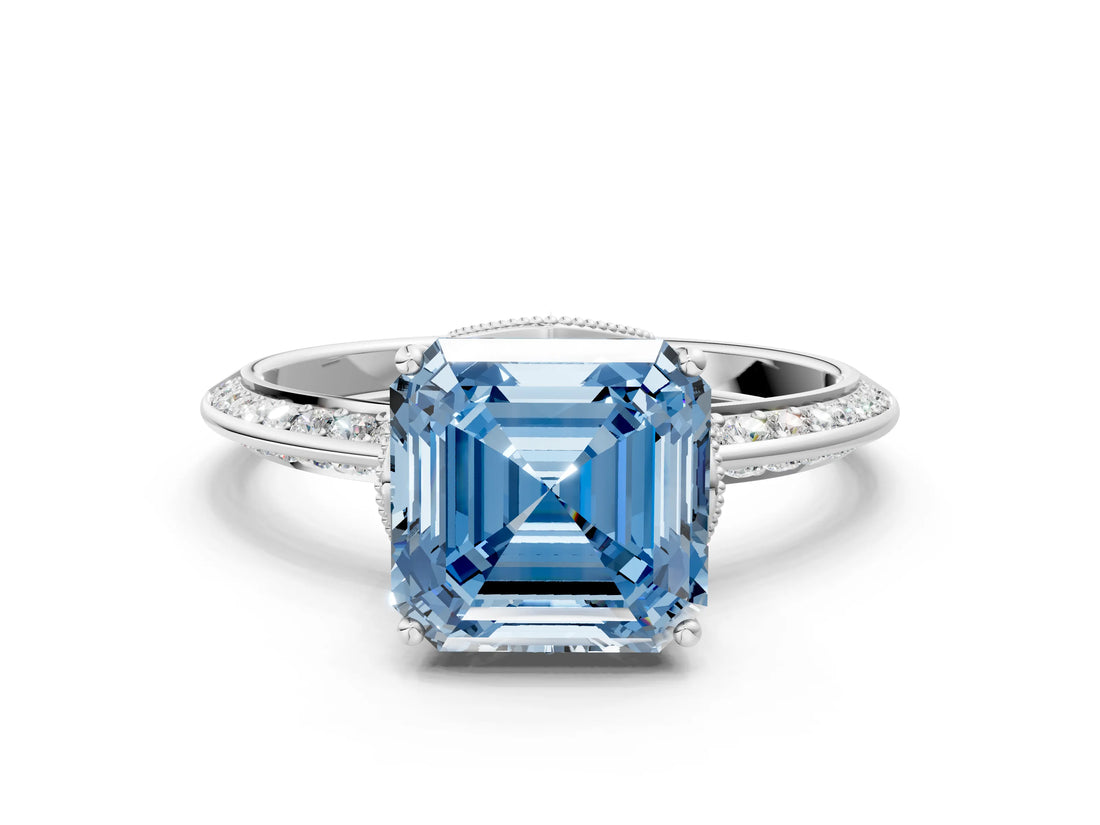 White gold Fancy Blue Asscher Cut Solitaire Split Shank Pave Diamond Engagement Ring with Four-Prong Setting_24