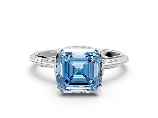 White Gold Asscher Cut Graduated Pave Engagement Ring Setting for Fancy Blue Center