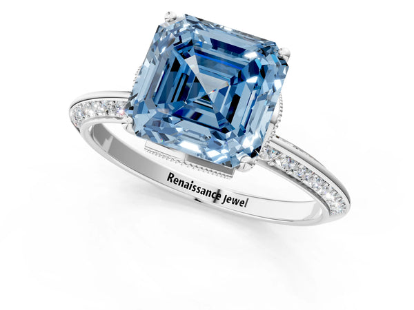 White Gold Asscher Cut Graduated Pave Engagement Ring Setting for Fancy Blue Center
