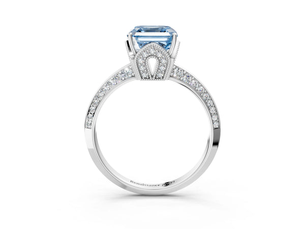White Gold Asscher Cut Graduated Pave Engagement Ring Setting for Fancy Blue Center