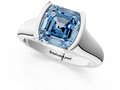 White gold Fancy Blue Asscher Cut Solitaire Tension Set Diamond Ring with Split Shank Band_1