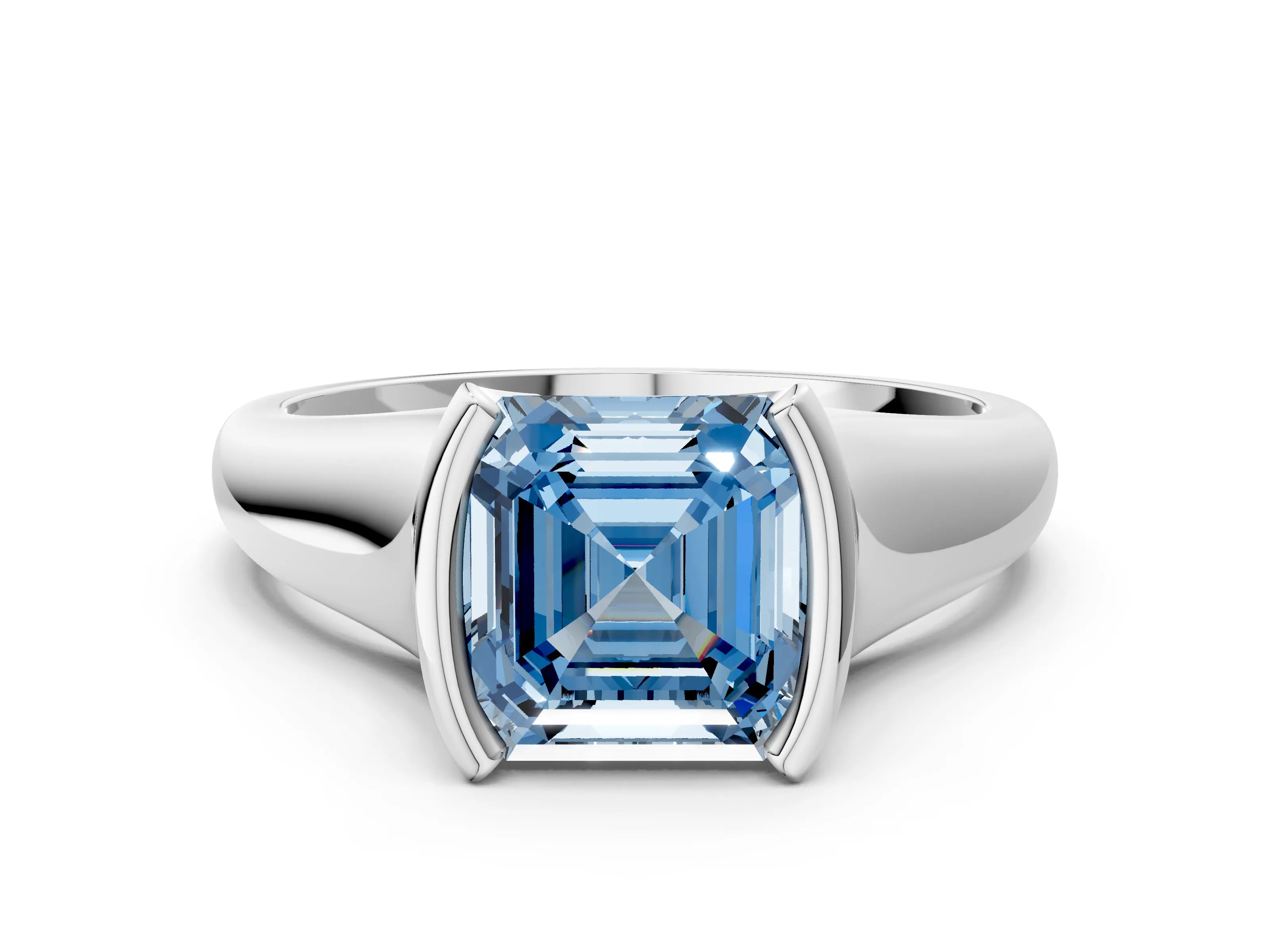 White gold Fancy Blue Asscher Cut Solitaire Tension Set Diamond Ring with Split Shank Band