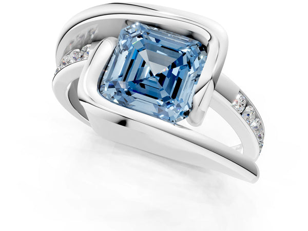 White gold Fancy Blue Asscher Cut Solitaire Tension-Set Diamond Split Shank Ring
