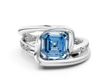 White gold Fancy Blue Asscher Cut Solitaire Tension-Set Diamond Split Shank Ring