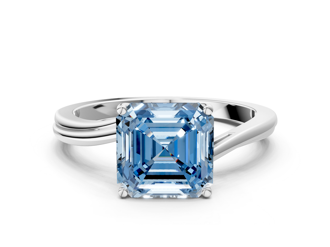 White gold Fancy Blue Asscher  Cut Solitaire Twist Band Ring with Four-Prong Setting_17