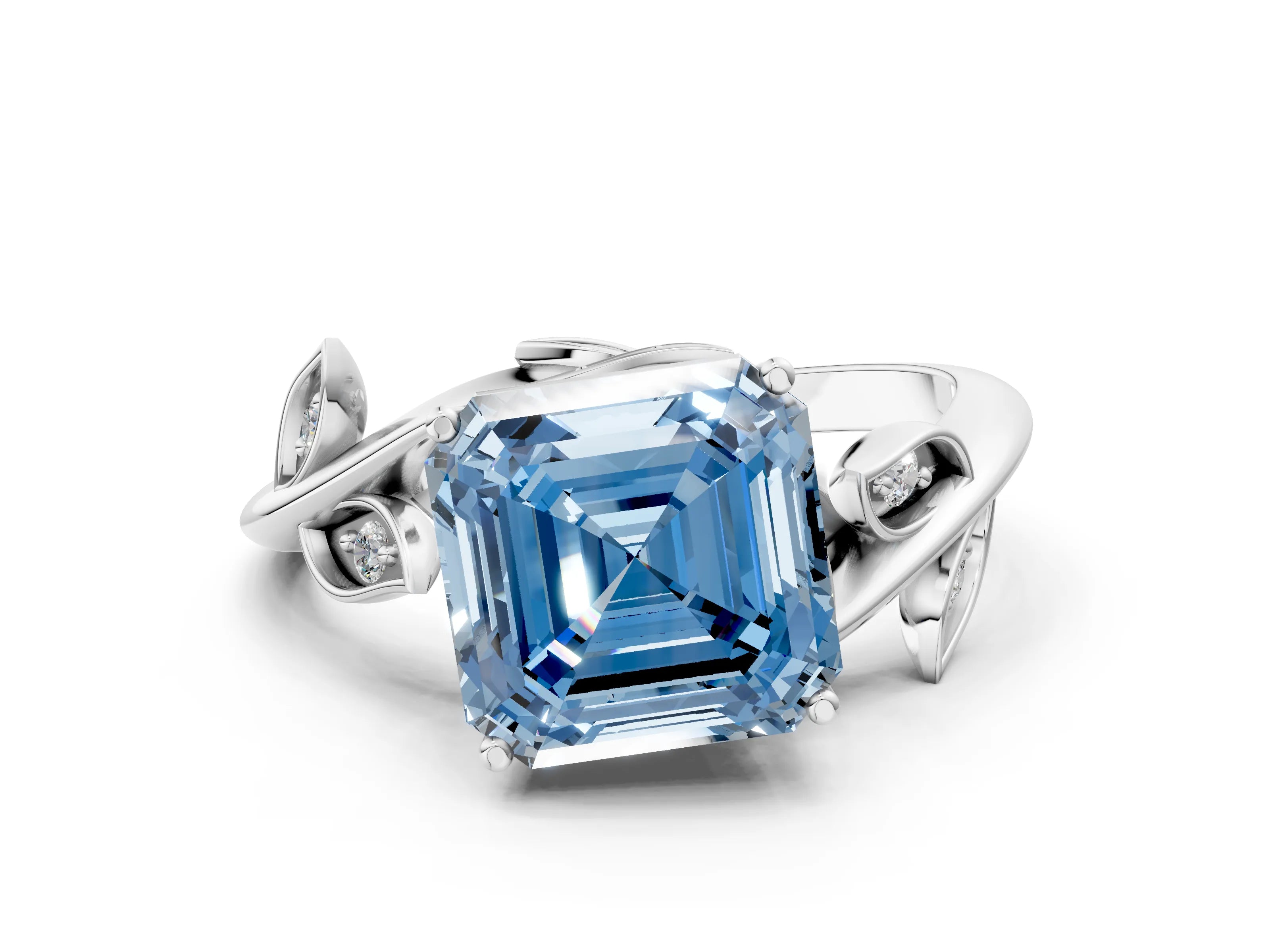 White gold Fancy Blue Asscher Cut Solitaire Twist Engagement Ring with Leaf Accents and Prong Setting_12
