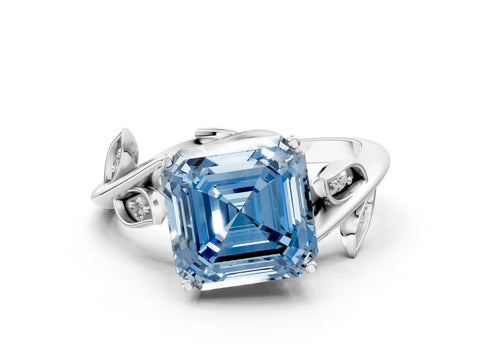 White gold Fancy Blue Asscher Cut Solitaire Twist Engagement Ring with Leaf Accents and Prong Setting_12