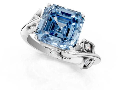 White gold Fancy Blue Asscher Cut Solitaire Twist Engagement Ring with Leaf Accents and Prong Setting_13