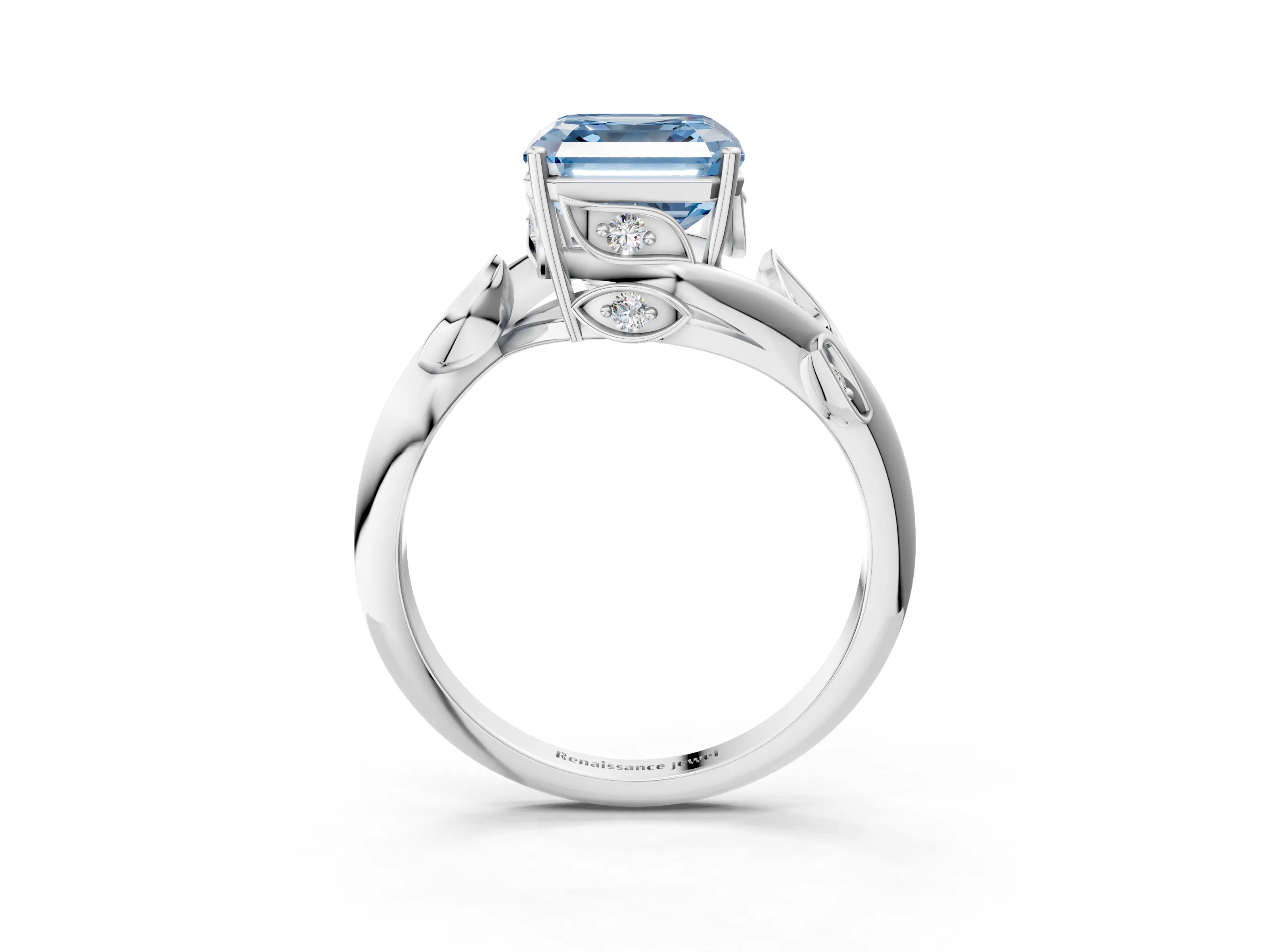 White gold Fancy Blue Asscher Cut Solitaire Twist Engagement Ring with Leaf Accents and Prong Setting_15