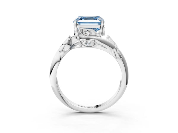White gold Fancy Blue Asscher Cut Solitaire Twist Engagement Ring with Leaf Accents and Prong Setting