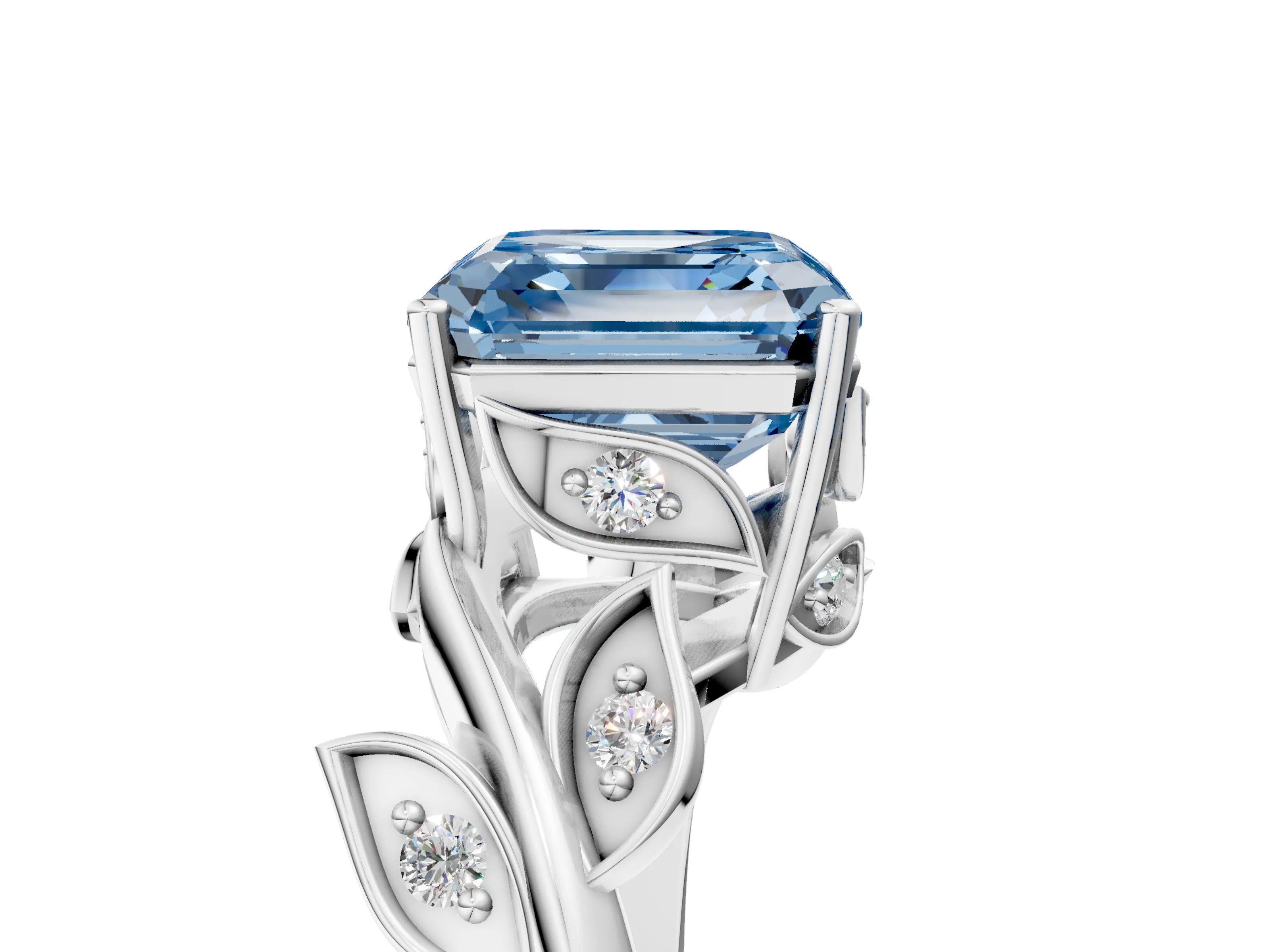 White gold Fancy Blue Asscher Cut Solitaire Twist Engagement Ring with Leaf Accents and Prong Setting_17