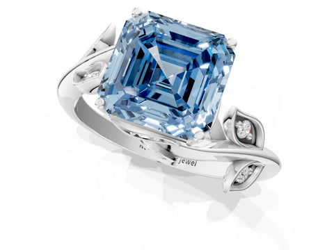White gold Fancy Blue Asscher Cut Solitaire Twist Engagement Ring with Leaf Accents and Prong Setting_1