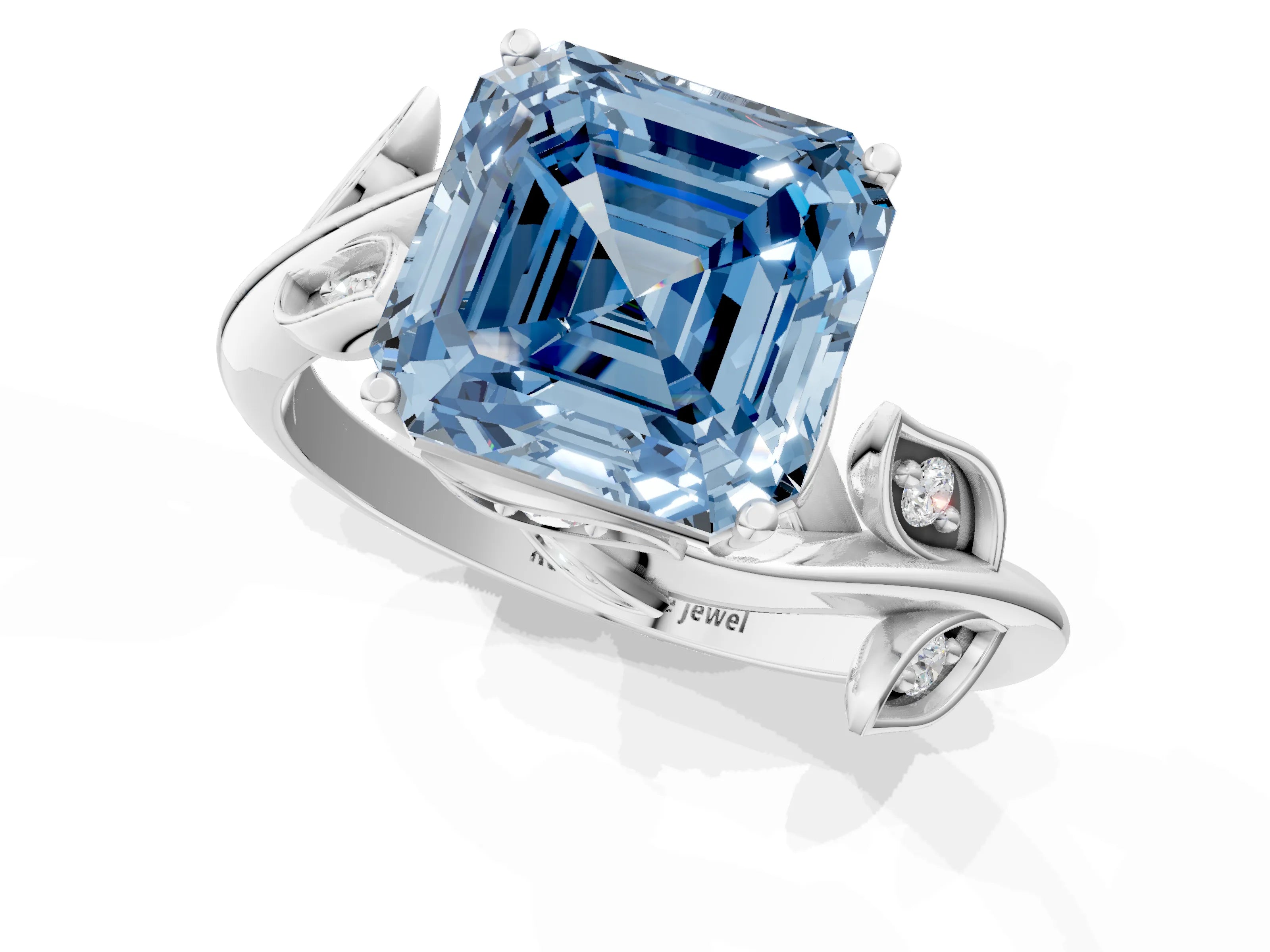 White gold Fancy Blue Asscher Cut Solitaire Twist Engagement Ring with Leaf Accents and Prong Setting_1