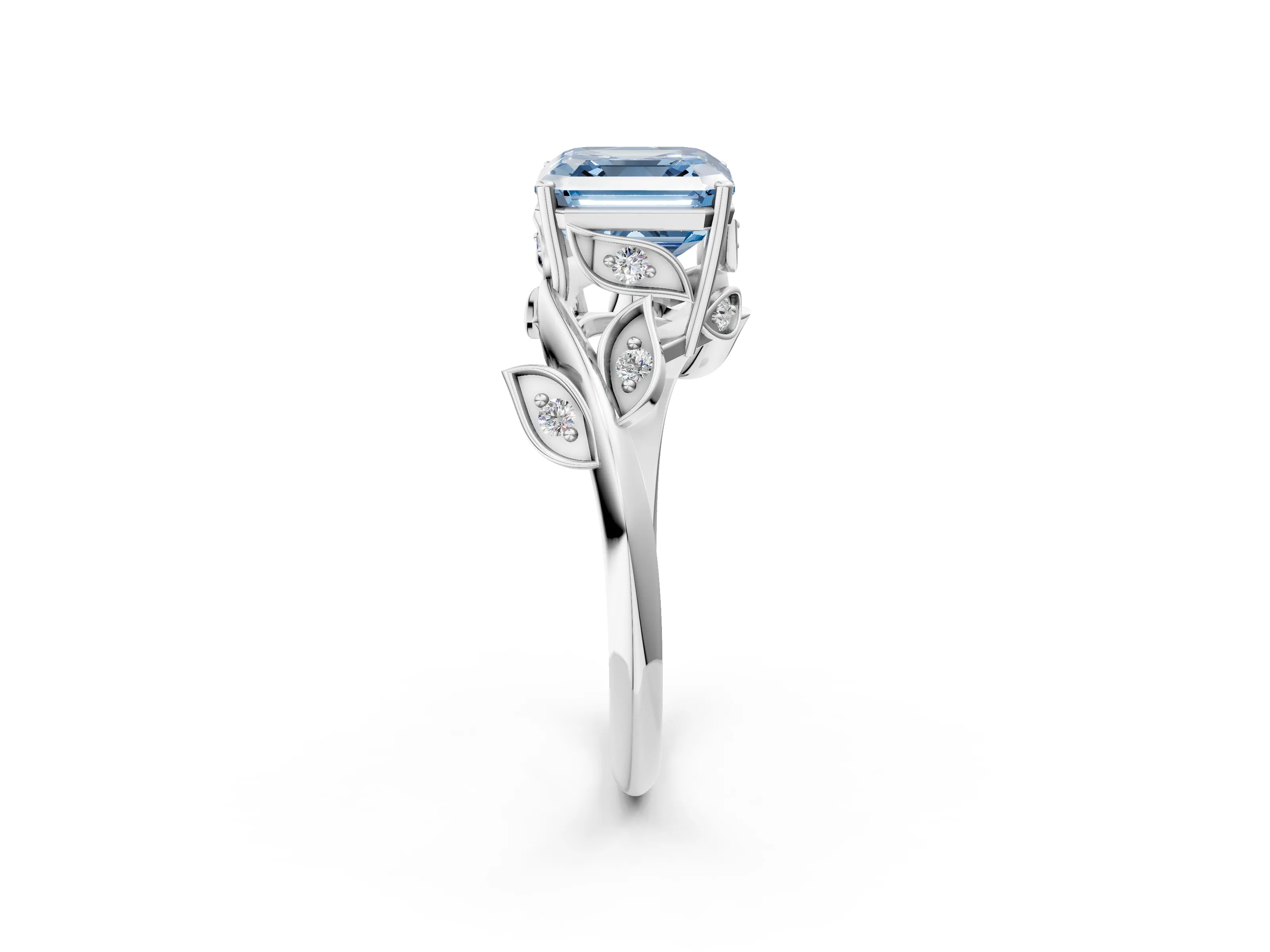 White gold Fancy Blue Asscher Cut Solitaire Twist Engagement Ring with Leaf Accents and Prong Setting_2