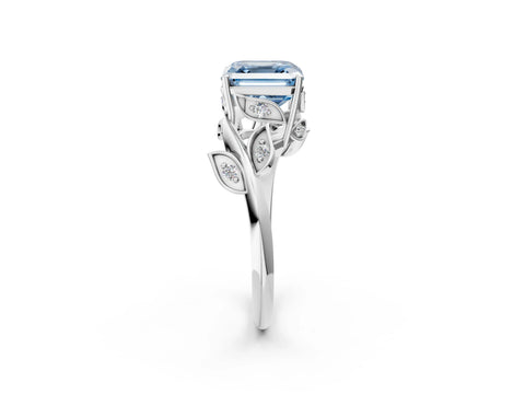 White gold Fancy Blue Asscher Cut Solitaire Twist Engagement Ring with Leaf Accents and Prong Setting_2