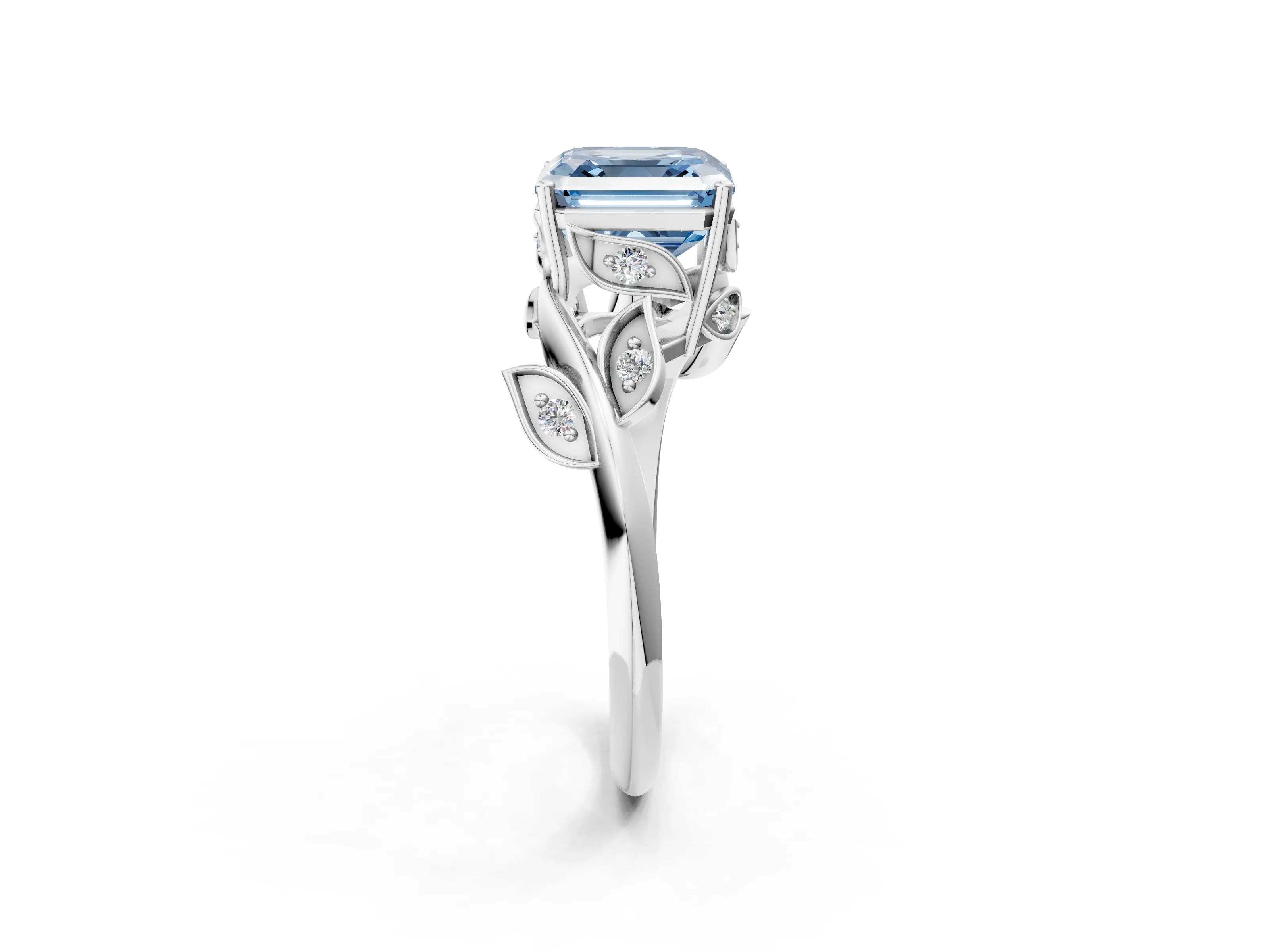 White gold Fancy Blue Asscher Cut Solitaire Twist Engagement Ring with Leaf Accents and Prong Setting_2