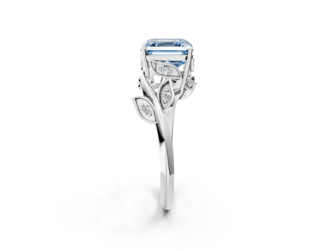 White gold Fancy Blue Asscher Cut Solitaire Twist Engagement Ring with Leaf Accents and Prong Setting_2