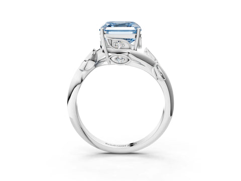 White gold Fancy Blue Asscher Cut Solitaire Twist Engagement Ring with Leaf Accents and Prong Setting_3