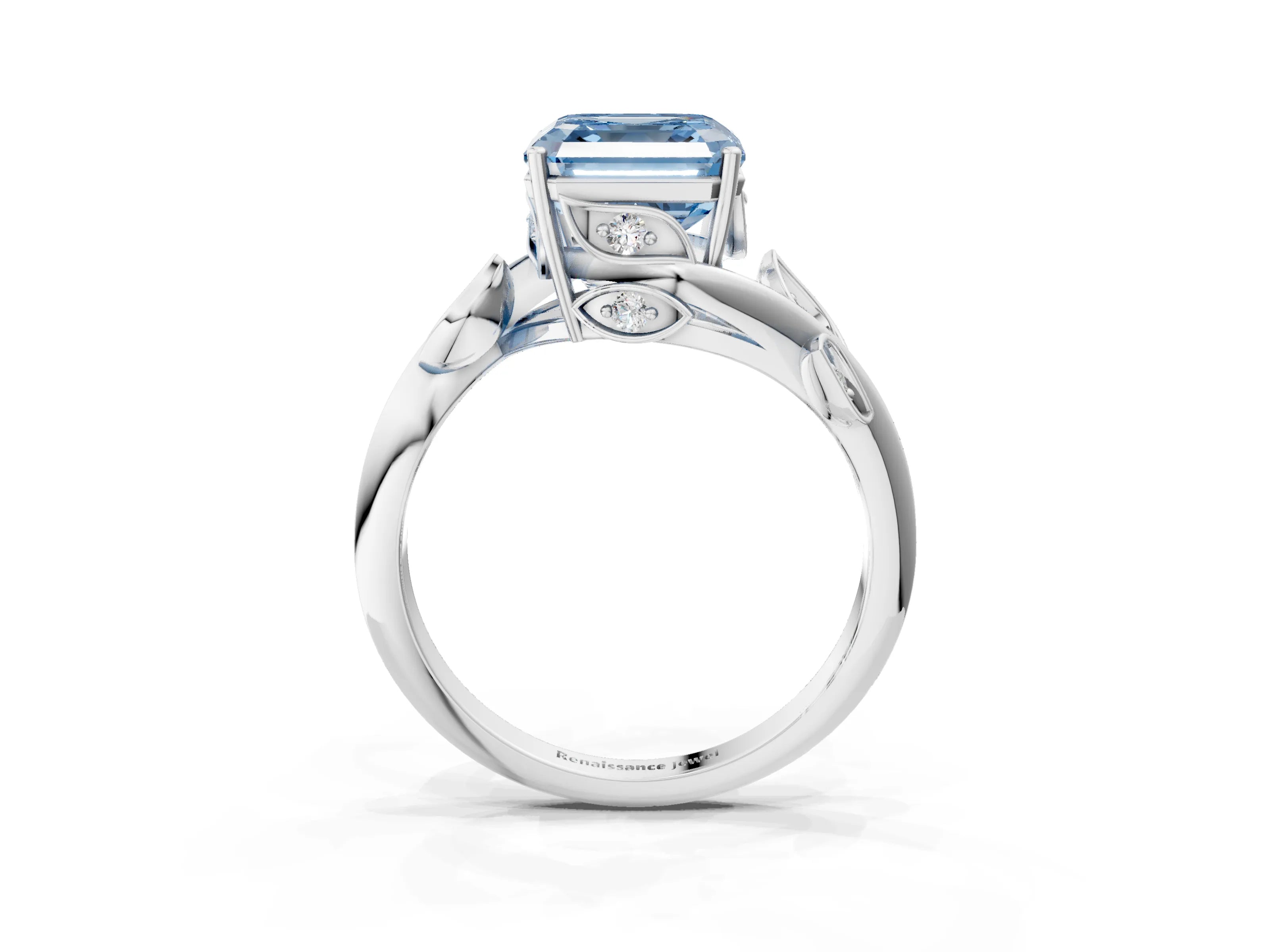 White gold Fancy Blue Asscher Cut Solitaire Twist Engagement Ring with Leaf Accents and Prong Setting_3