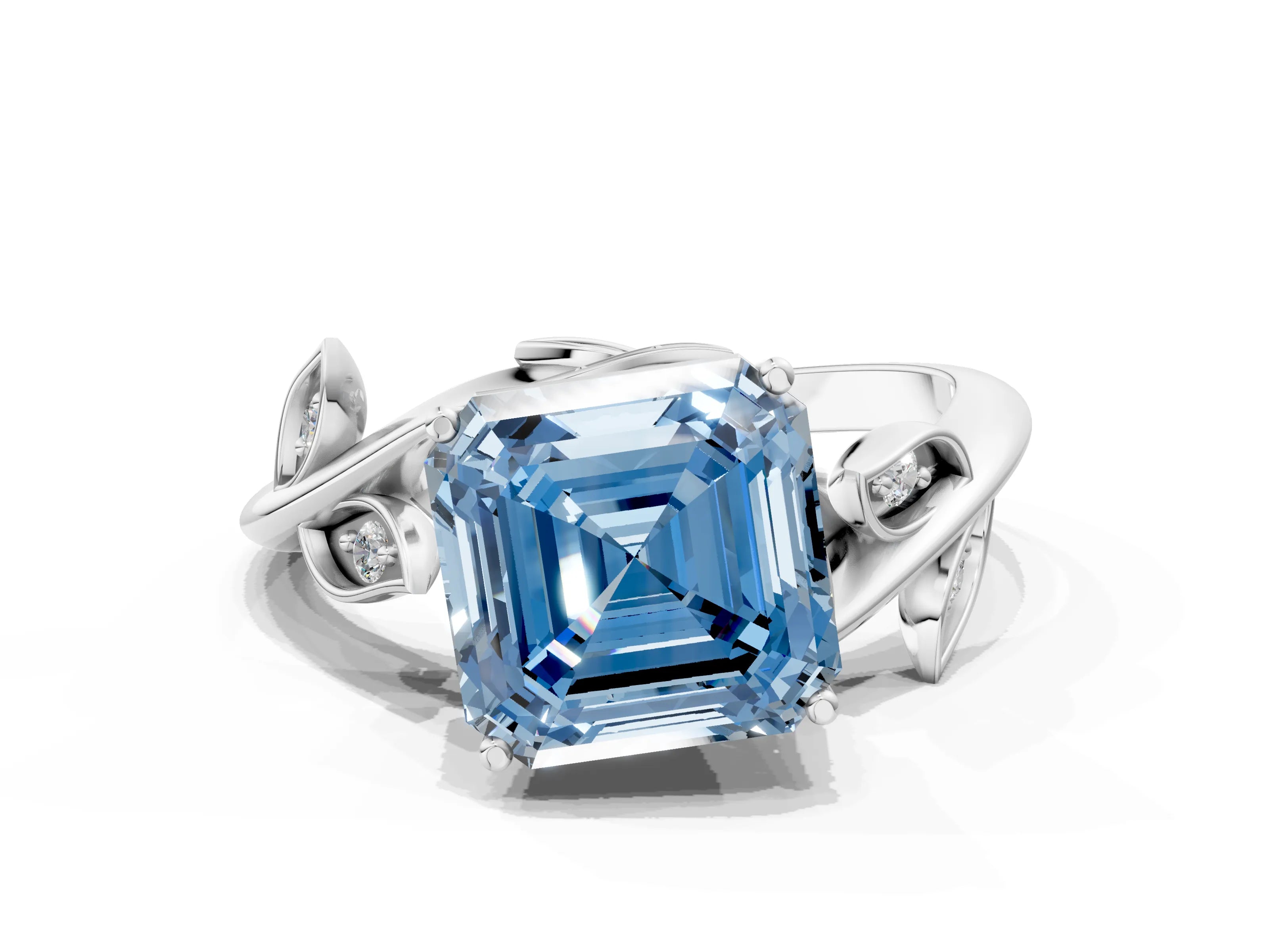 White gold Fancy Blue Asscher Cut Solitaire Twist Engagement Ring with Leaf Accents and Prong Setting