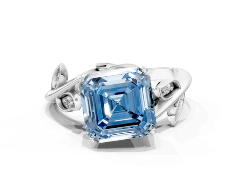 White gold Fancy Blue Asscher Cut Solitaire Twist Engagement Ring with Leaf Accents and Prong Setting