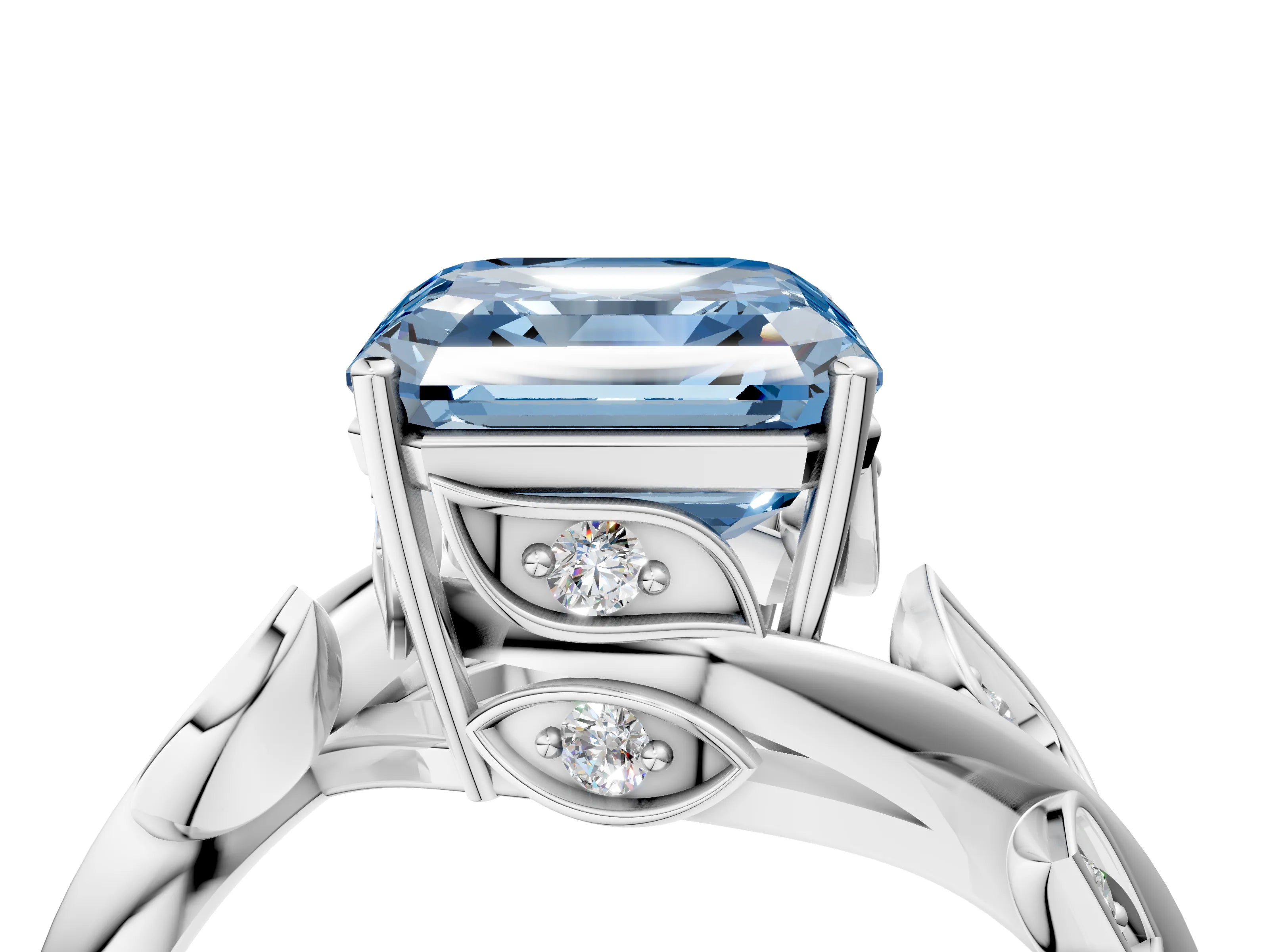 White gold Fancy Blue Asscher Cut Solitaire Twist Engagement Ring with Leaf Accents and Prong Setting_4