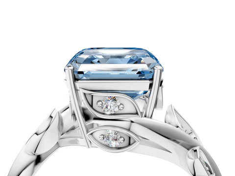 White gold Fancy Blue Asscher Cut Solitaire Twist Engagement Ring with Leaf Accents and Prong Setting_4